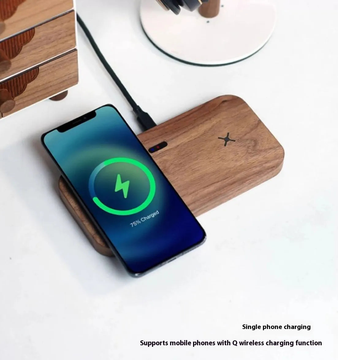 Walnut flat dual wireless charger for phone and earphone or Apple Watch with 15W fast charging and foreign object detection