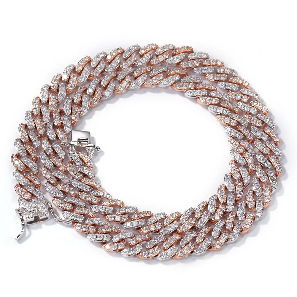 Unisex hip hop colour zirconium Cuban chain necklace in copper with zircon stones, white and pink, 18 inch length
