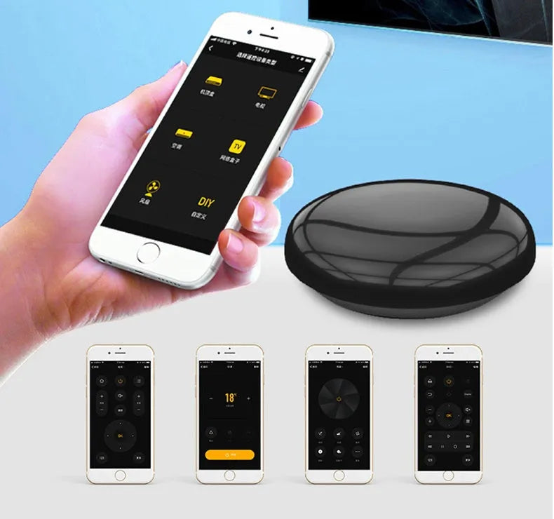 Black compact infrared wifi smart remote control with 360° IR transmission on a table