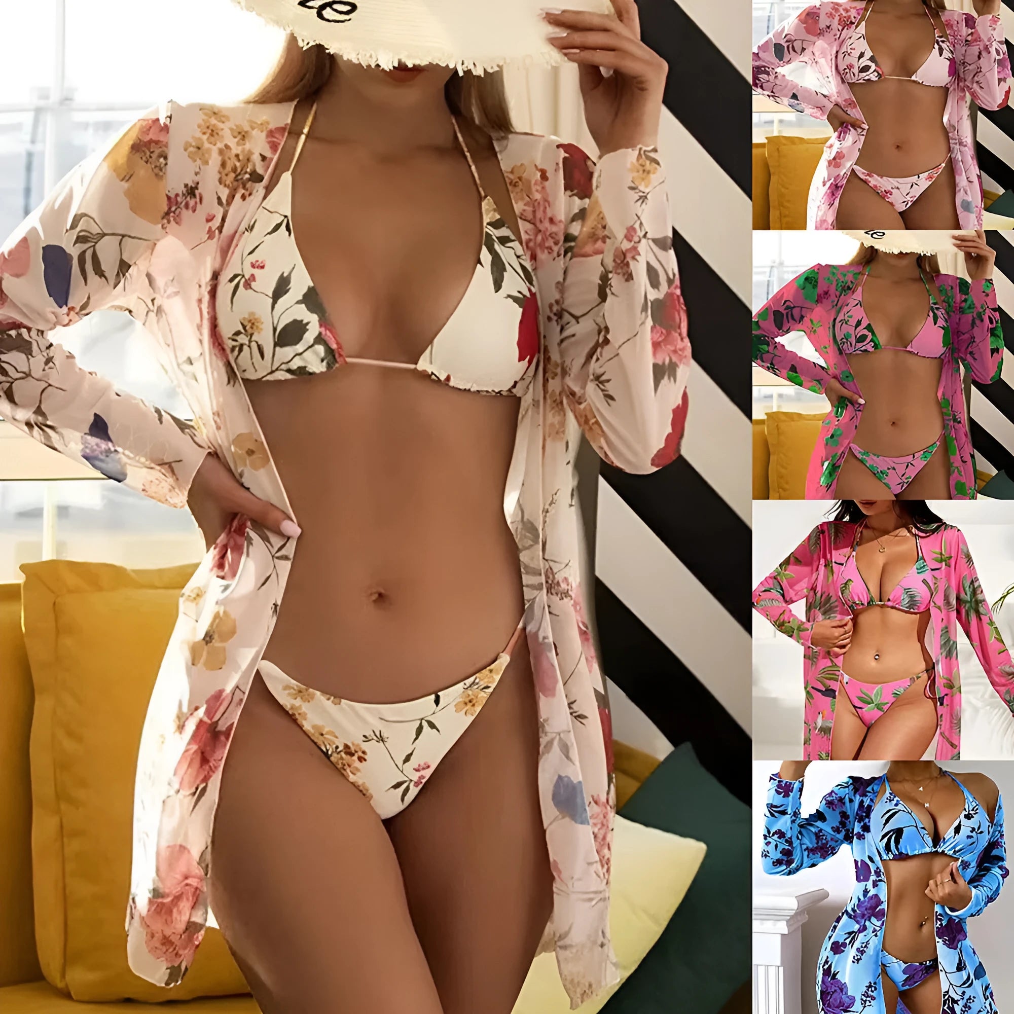 Women's printed mesh three-piece swimsuit set with floral pattern in various colours, including bra, swim trunks and cover-up.