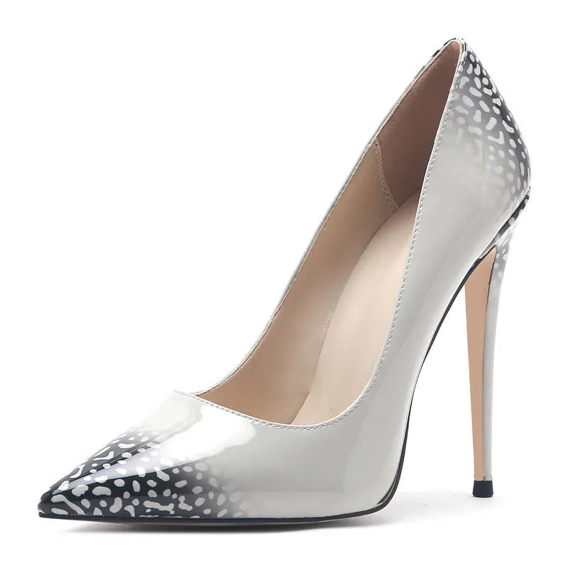 3D printed high heels in black grey with 12cm heel, breathable microfiber upper, and non-slip rubber sole