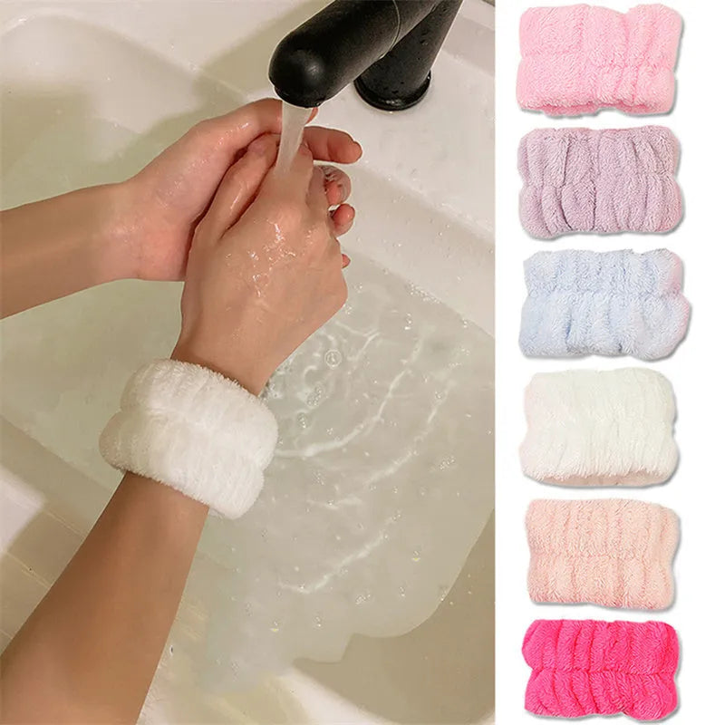 Coral velvet wrist washbands in white, pink, light blue, grey, and lavender for face washing and beauty routines.