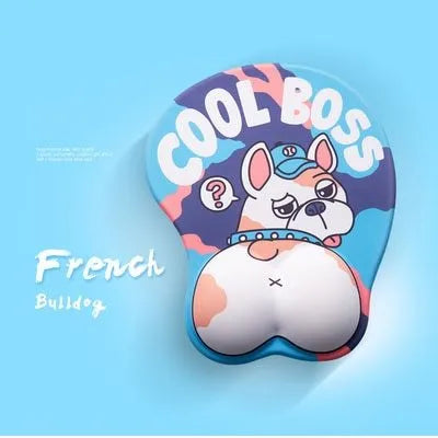 Blue corgi bottom 3D mouse pad with raised wrist cushion on a desk