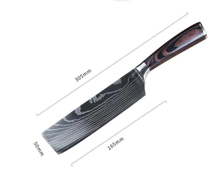 7Cr17 stainless steel kitchen knife with Damascus pattern blade and coloured wood handle on a cutting board.