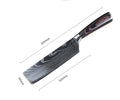 7Cr17 stainless steel kitchen knife with Damascus pattern blade and coloured wood handle on a cutting board.