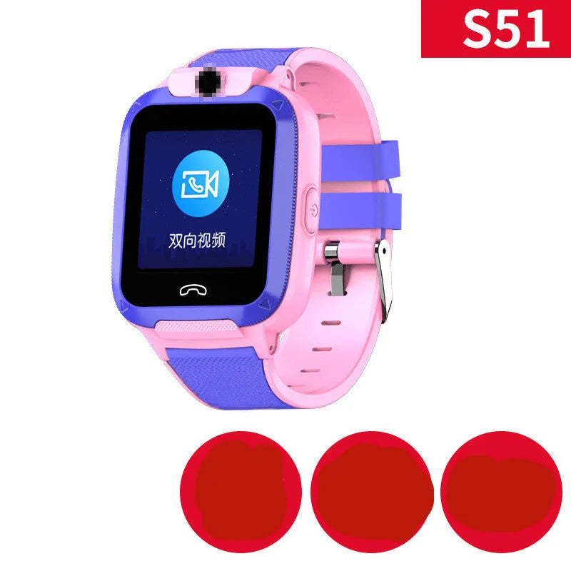 Blue children's smart watch with a silicone strap showing a video call screen and GPS location map.