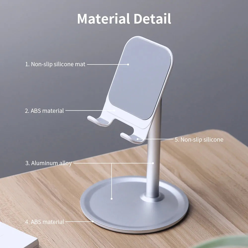 Aluminium alloy mobile phone stand with silicone head and ABS base in black or white colour.