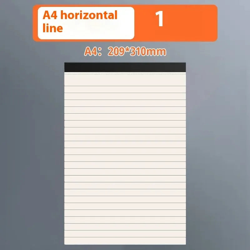 Set of A5, B5 and A4 writing pads showing blank, grid and horizontal line page styles.