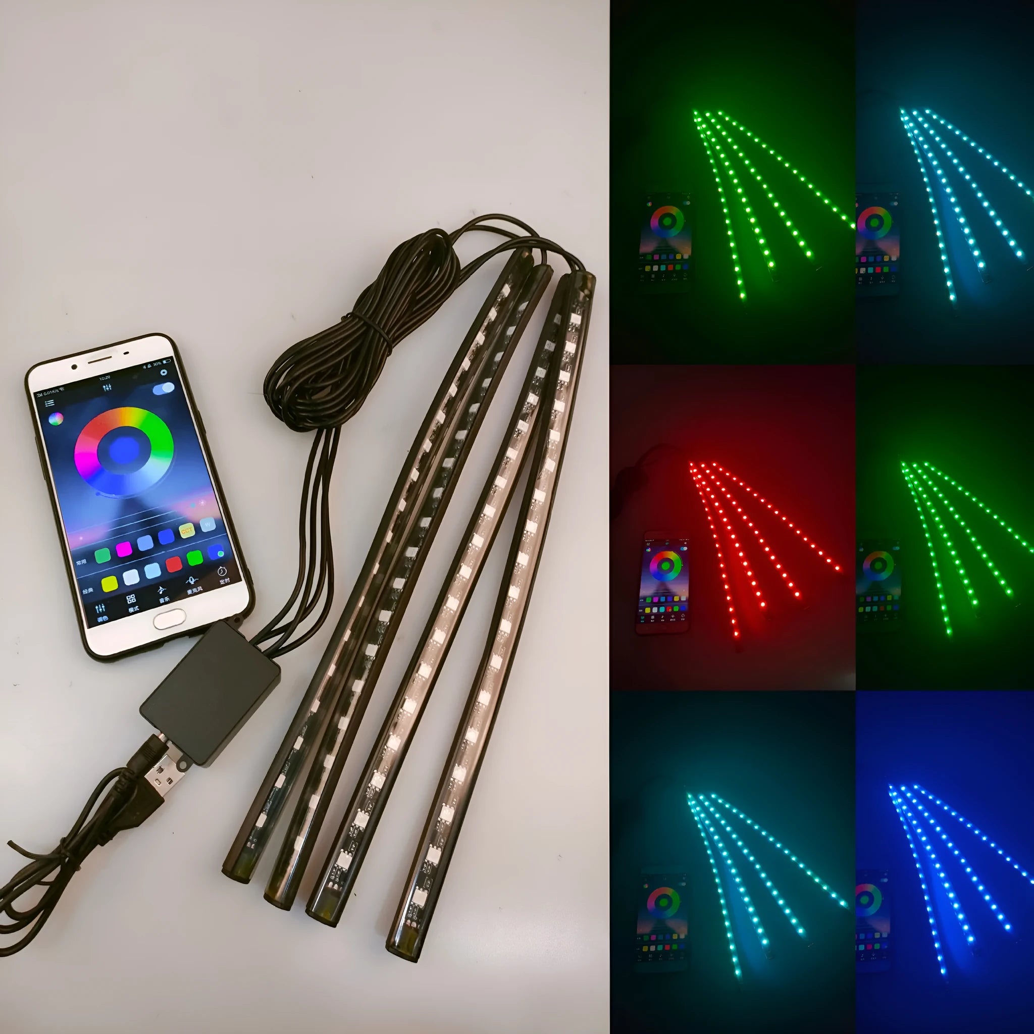 Car interior LED footwell atmosphere lighting kit with voice control and music rhythm mode