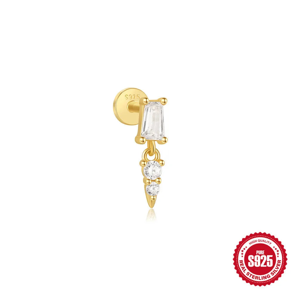 Sterling silver ear stud with a hanging gold-tone tassel charm on a white background.