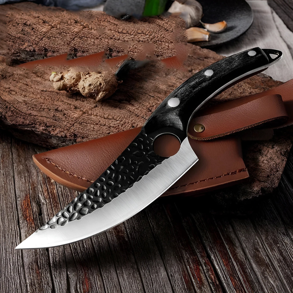 Small curved scimitar butcher knife and boning knife set with leather sheath