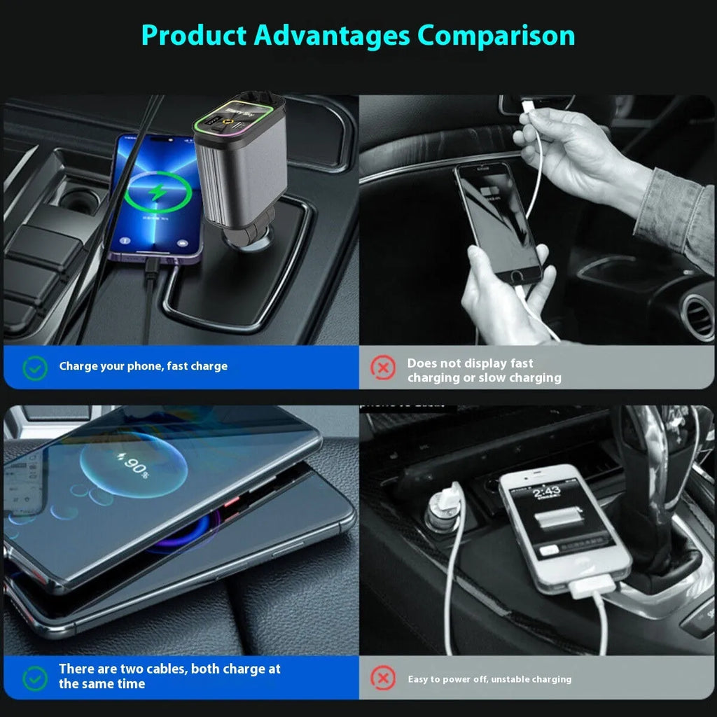Four-in-one car charger with retractable 80cm cable, starry sky light, USB and Type-C outputs, Black Gray options