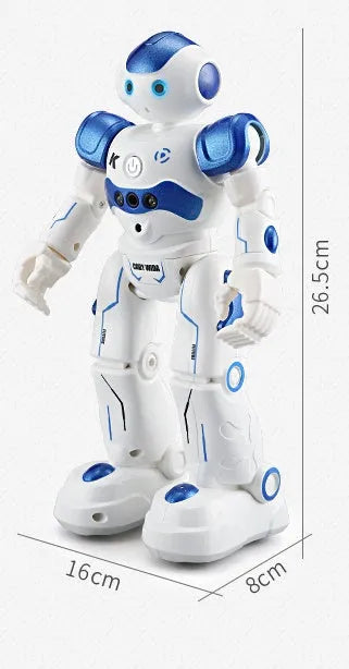 Blue remote control smart robot toy with gesture sensing and dance functions on a white background