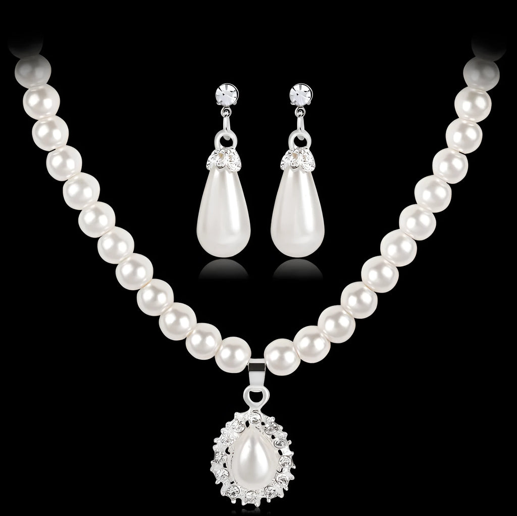 Pearl necklace set for women with alloy drop pendant and water wave chain in photo color