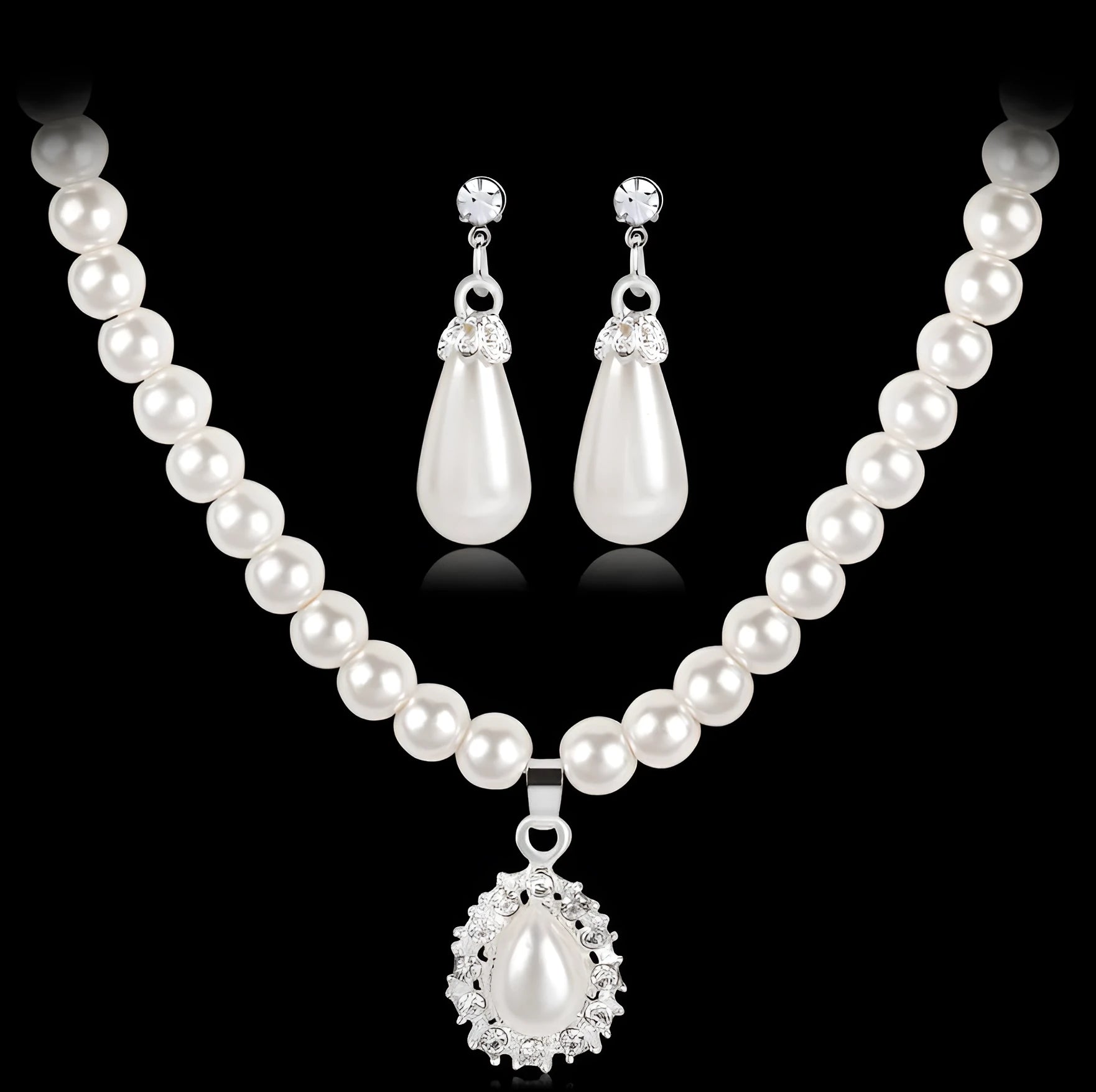 Pearl necklace set for women with alloy drop pendant and water wave chain in photo color