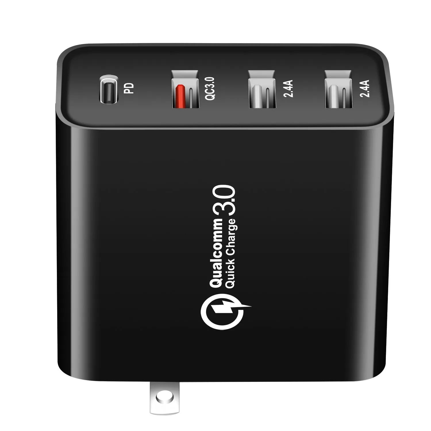 Black and white 48W four-port USB-C wall charger with LED light and regional plug.
