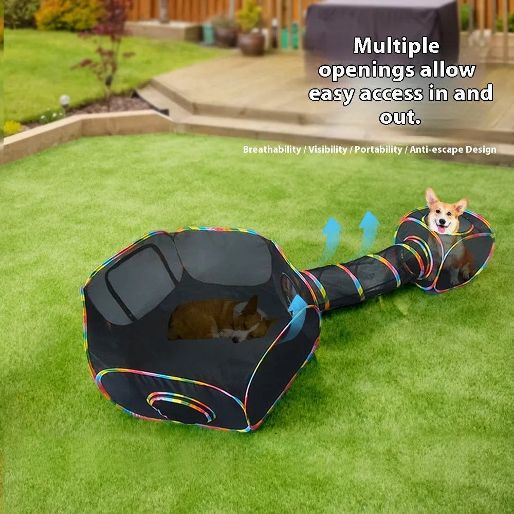 Foldable mesh cat roll cage playpen in a choice of five shapes: hexagonal, square, long straight, tee, and tent.