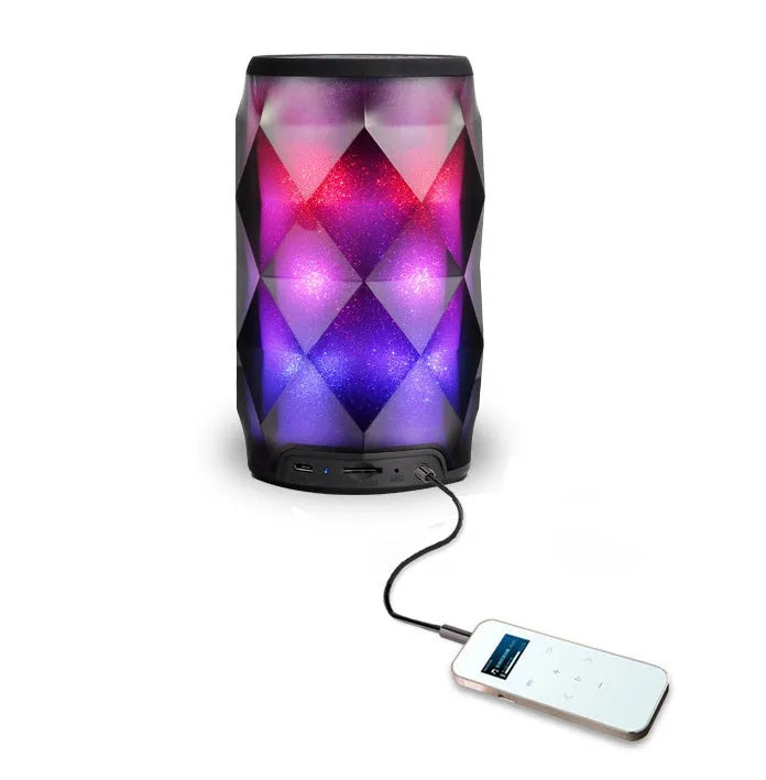 Black crystal-cut Coke can shaped Bluetooth speaker with colourful LED starry sky lighting effects.
