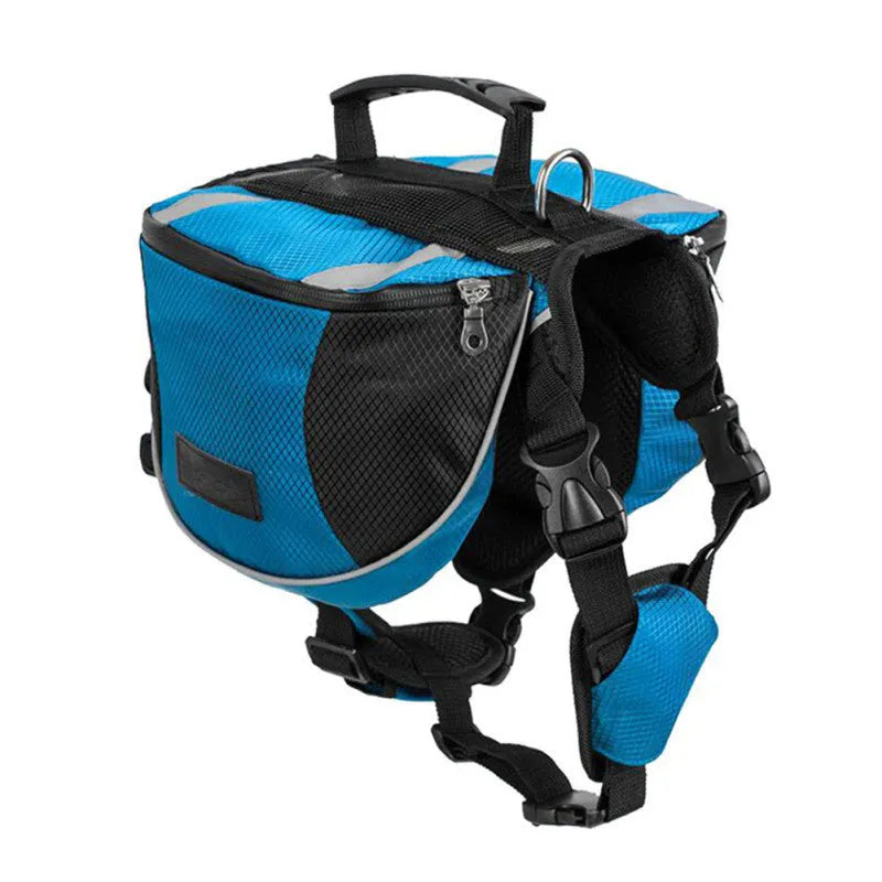 Dog hiking pack in black with adjustable neck straps, breathable mesh, and reflective tape for outdoor use