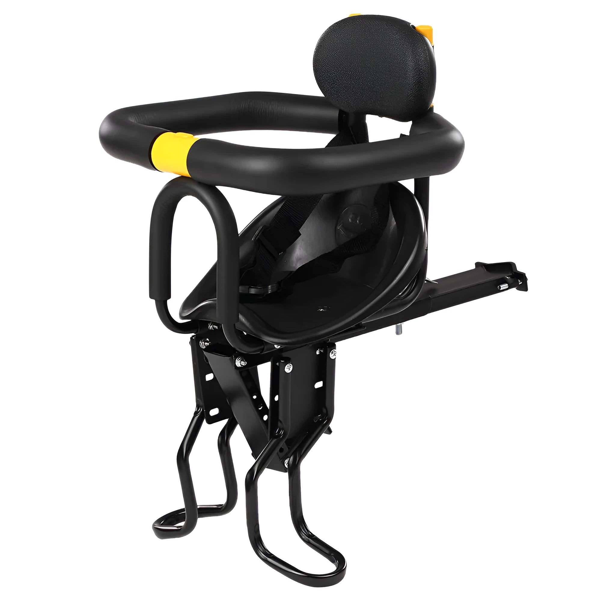 Front mounted steel bicycle child seat for mountain sports bikes in black and white colour options