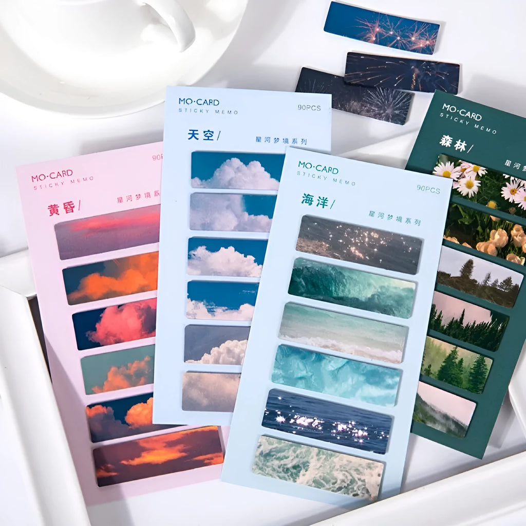 Pack of 90 PET marker Post-It notes in six celestial colours: sky, moon, sea, fire, dusk, and forest.