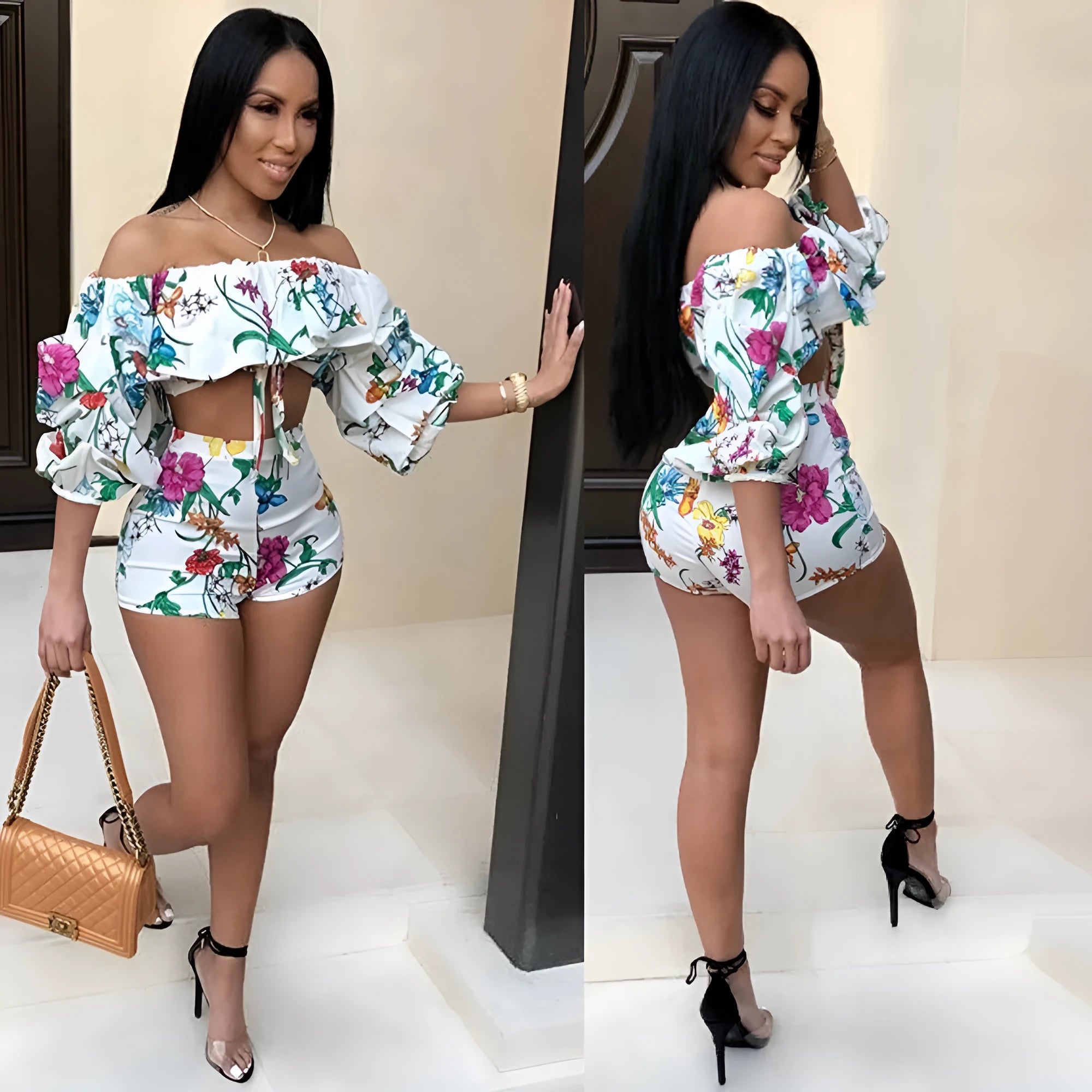 Women's multicolour digital print two-piece suit with a pile sleeve jacket and matching shorts.