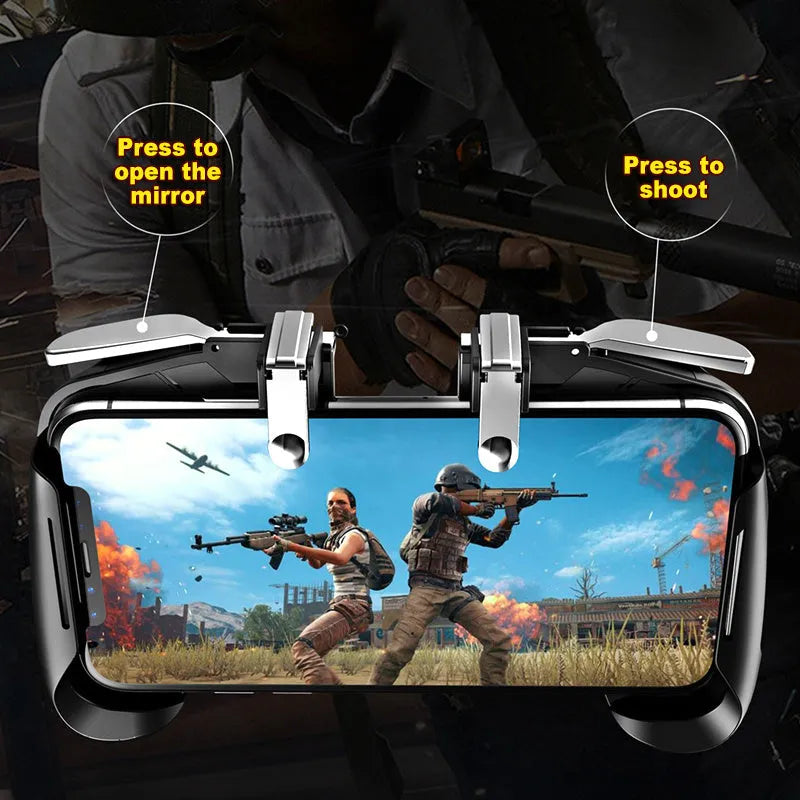 Multifunctional mobile game handle with magnetic wireless charging stand and adjustable phone bracket in black, blue, or white.