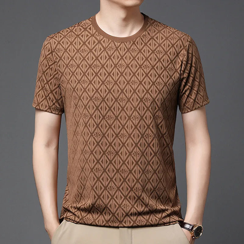Men's loose-fit black short sleeve T-shirt made from Ice Silk Jacquard fabric.