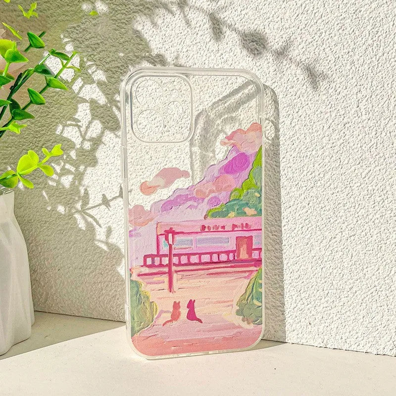 iPhone phone case with a colourful two-cats cartoon design on a white polycarbonate rear cover.