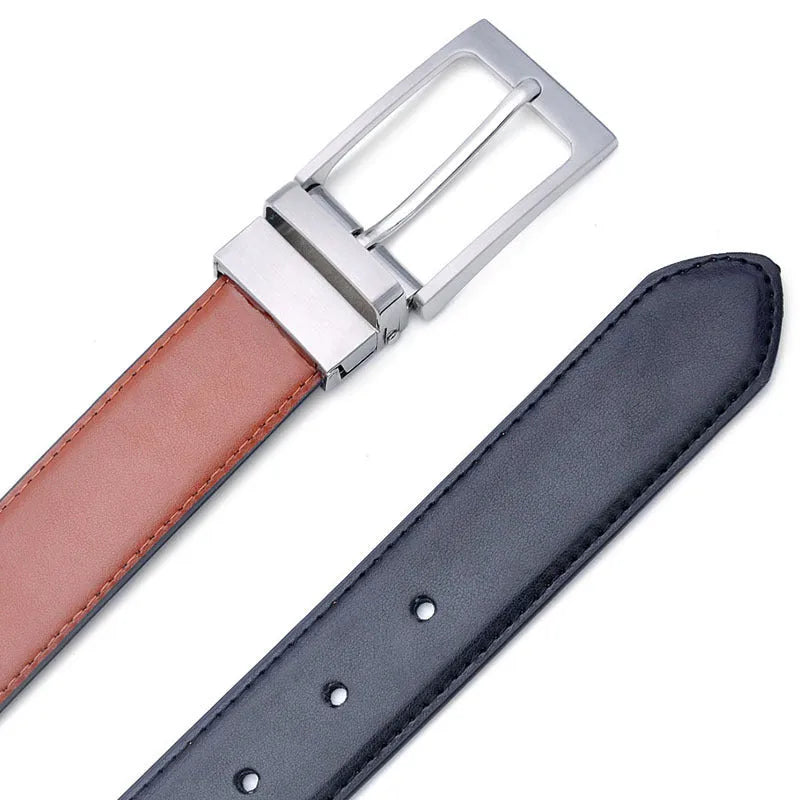 Men's dark brown and black genuine leather belt with a silver rotating pin buckle laid flat.