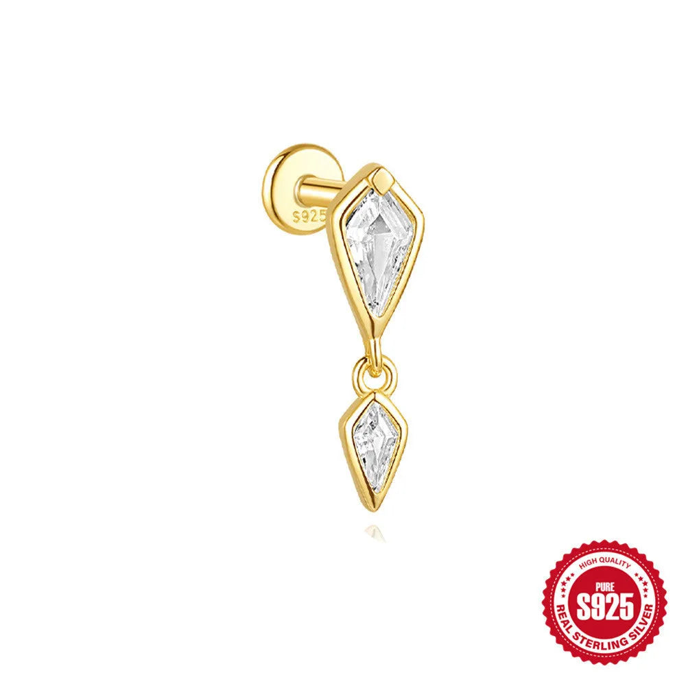 S925 sterling silver geometric kite earrings with rhinestones and a dangling chain tassel in a gold tone finish.