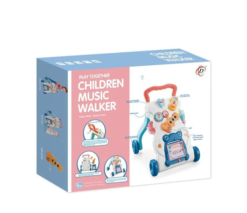 Multi-functional musical walker trolley with anti-rollover design and water tank for baby walking practice