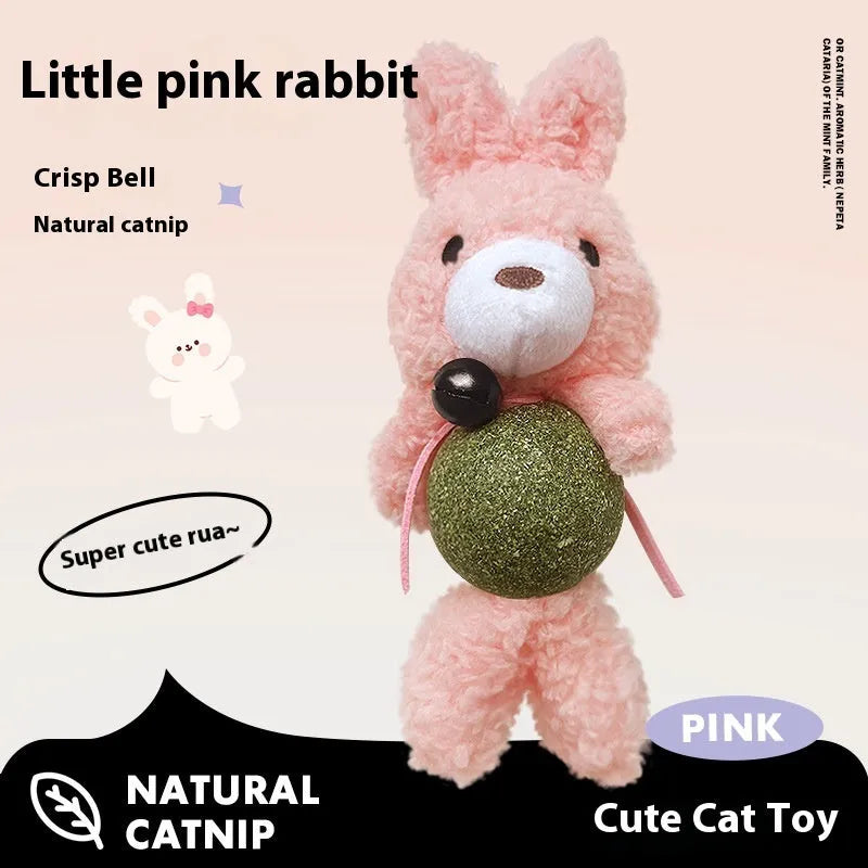 Brown bear plush cat toy with a catnip ball and bell inside on a white background.