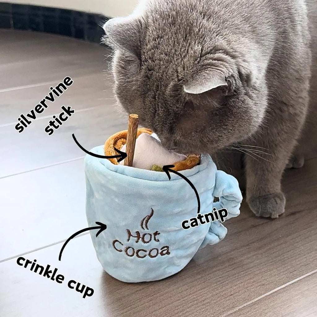 Blue interactive cat toy set with catnip, silvervine sticks, crinkle paper and squeaky toys for indoor cats