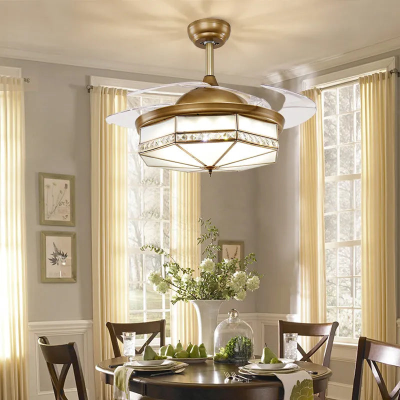 Gold ceiling fan light with remote control and invisible blades for living rooms
