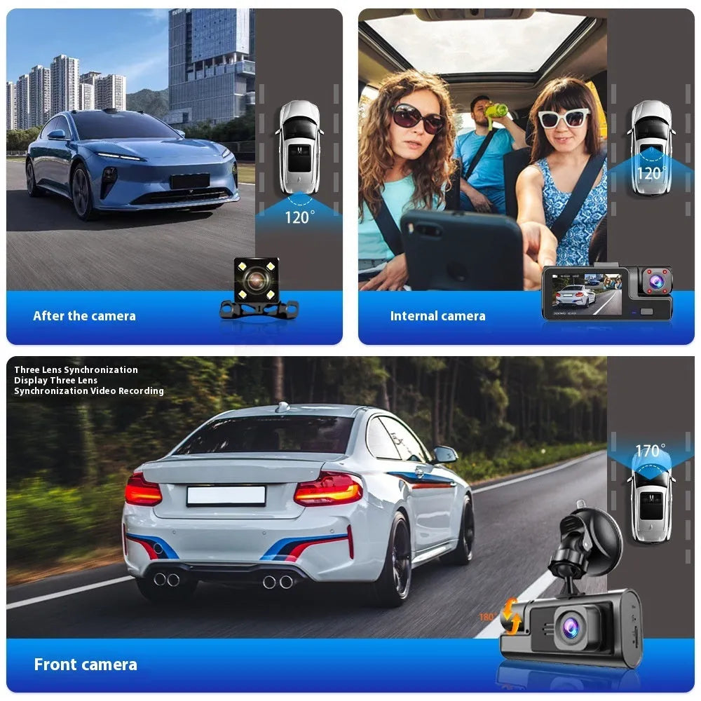 Black Wi-Fi dash cam with 2-inch screen, front lens, and separate rear camera for car reversing.