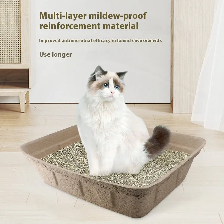 Brown disposable waterproof cat litter box with three size options displayed.