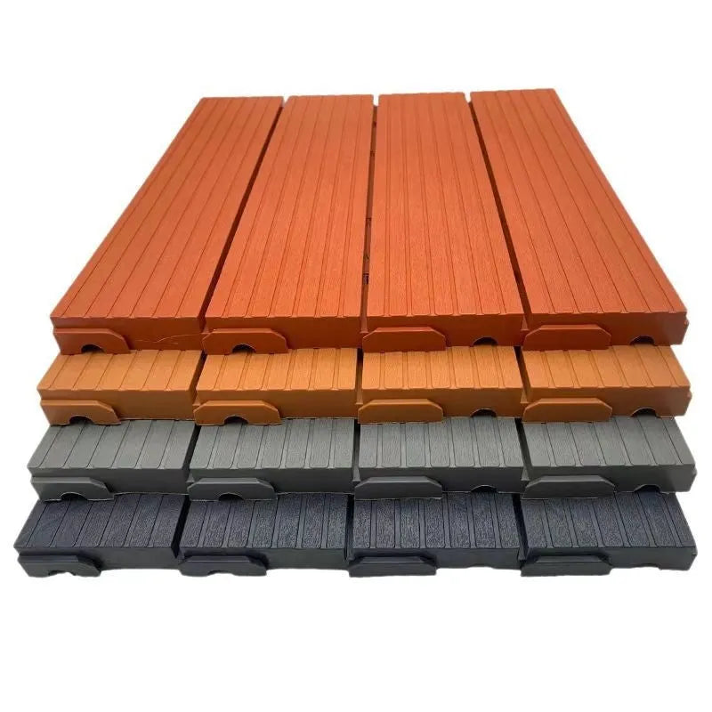 Plastic interlocking floor tiles in wood grain pattern, showing brown and grey colour options.