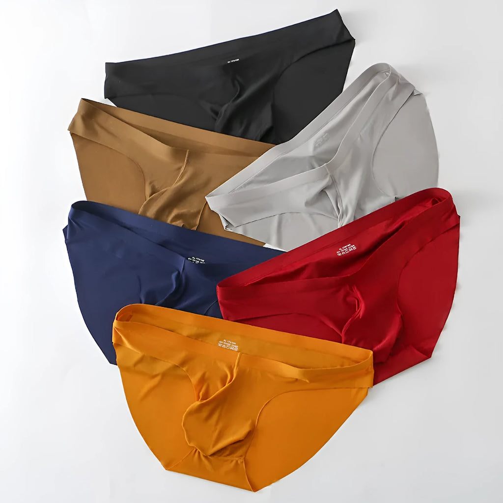 Men's ice silk seamless briefs with gun egg compartment in multiple colour options showing mid-waist design