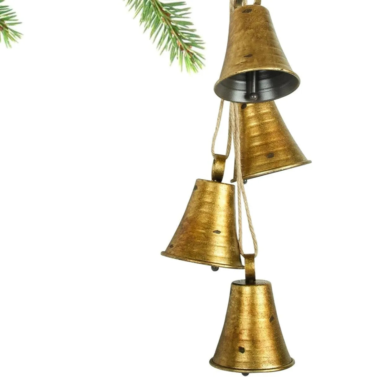Four handmade metal bells in retro country style, each 11.5x8.5 cm, on a wooden surface