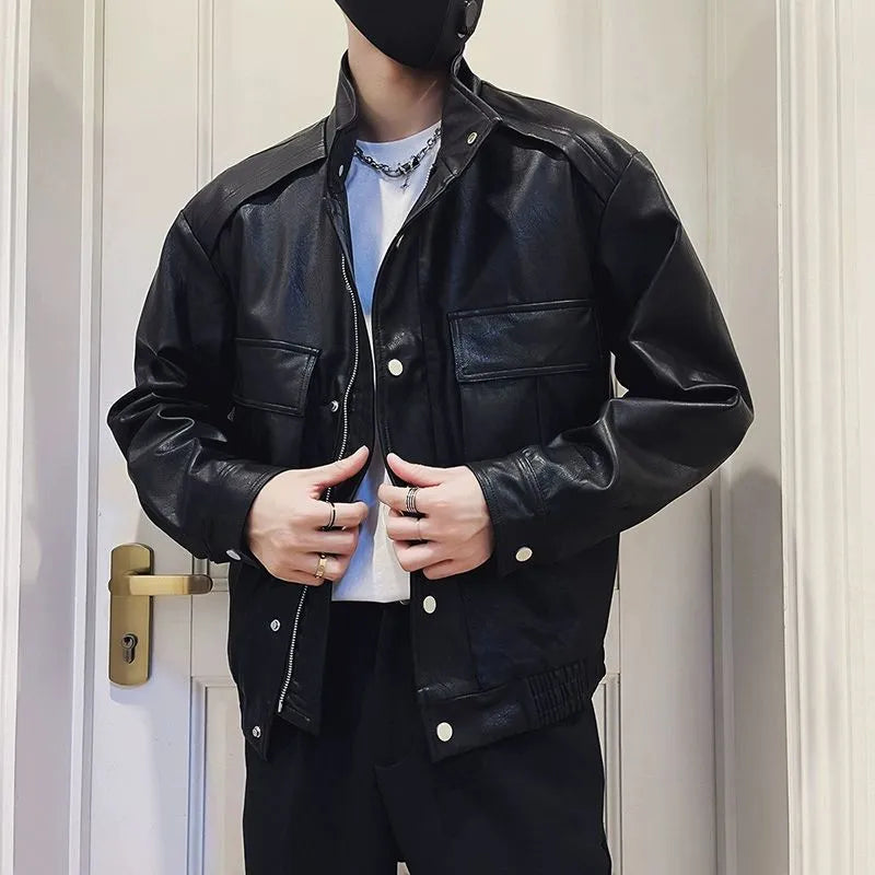 Men's black PU leather jacket with Korean style design, straight hem and side seam pockets