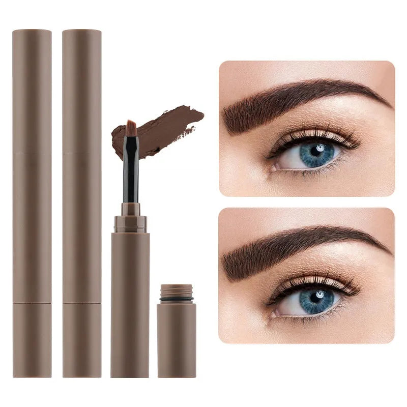 Double-headed eyebrow cream showing pencil and powder ends, displayed with five colour shades.