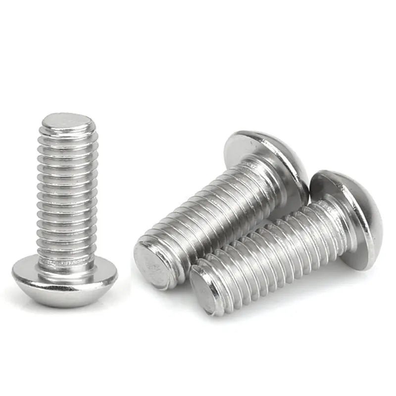 Stainless steel half round head pan head screw with hex socket drive, shown with a scale indicating 16mm head diameter.