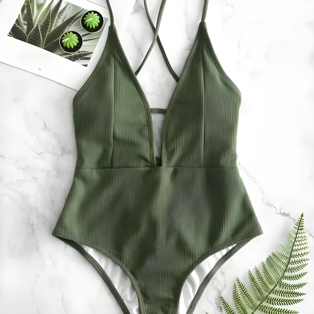 Women's one-piece swimsuit, solid colour backless lace-up design, black or olive green, sizes S to XL