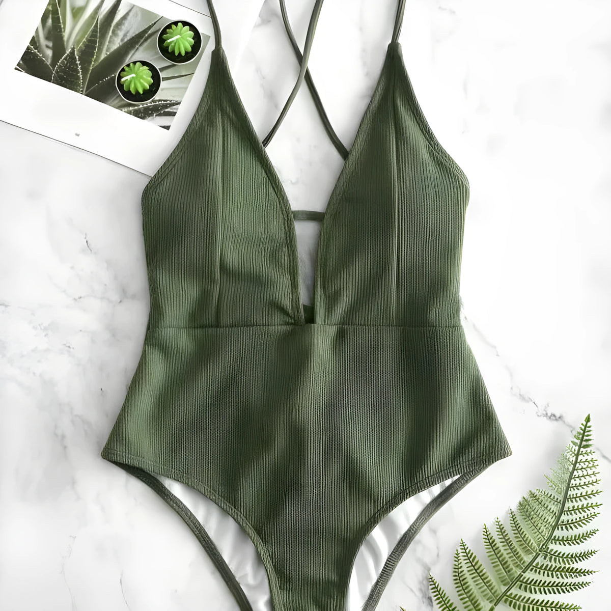 Women's one-piece swimsuit, solid colour backless lace-up design, black or olive green, sizes S to XL