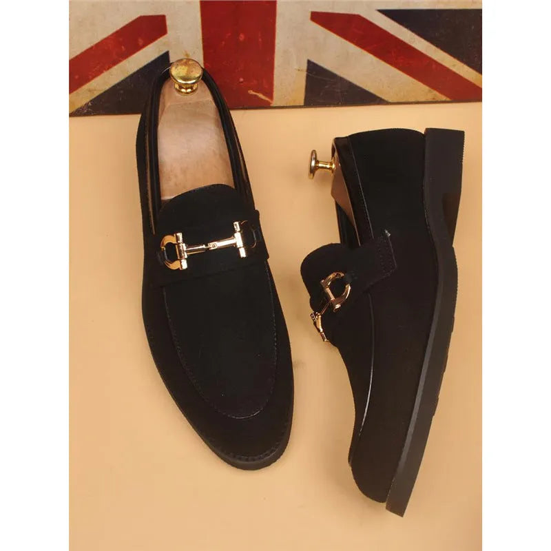 Men's casual black suede leather shoes with pointed toe and low top construction, side view