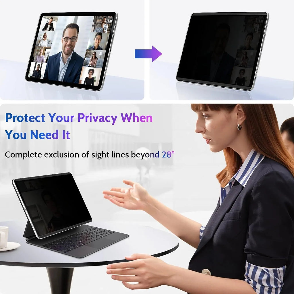 Magnetic anti peeping film and storage clip for iPad on a table