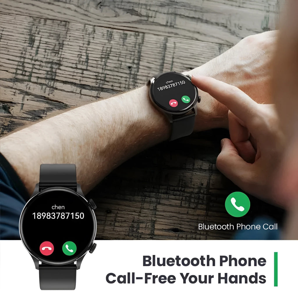 Black Bluetooth smartwatch with AMOLED display showing heart rate and blood oxygen metrics