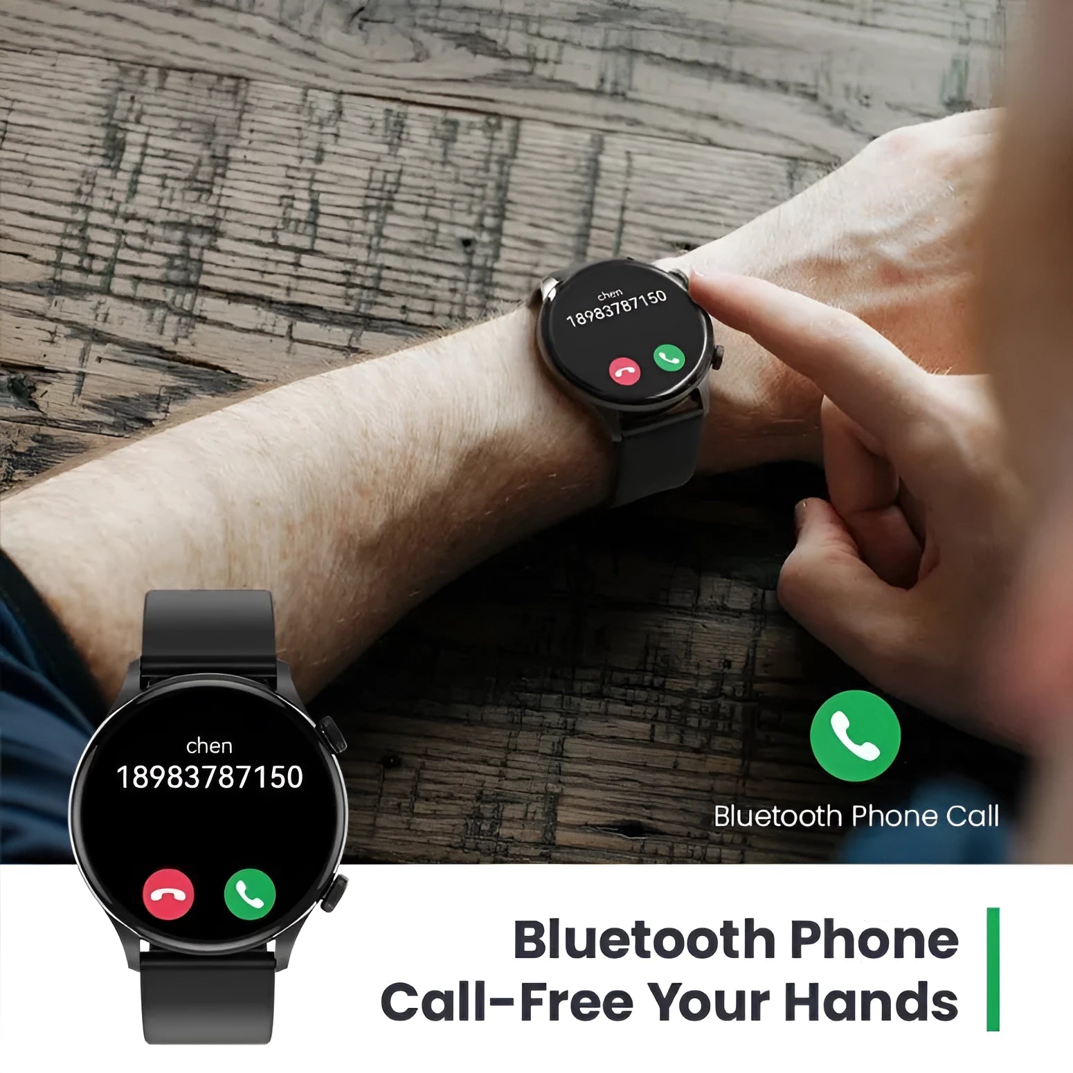 Black Bluetooth smartwatch with AMOLED display showing heart rate and blood oxygen metrics
