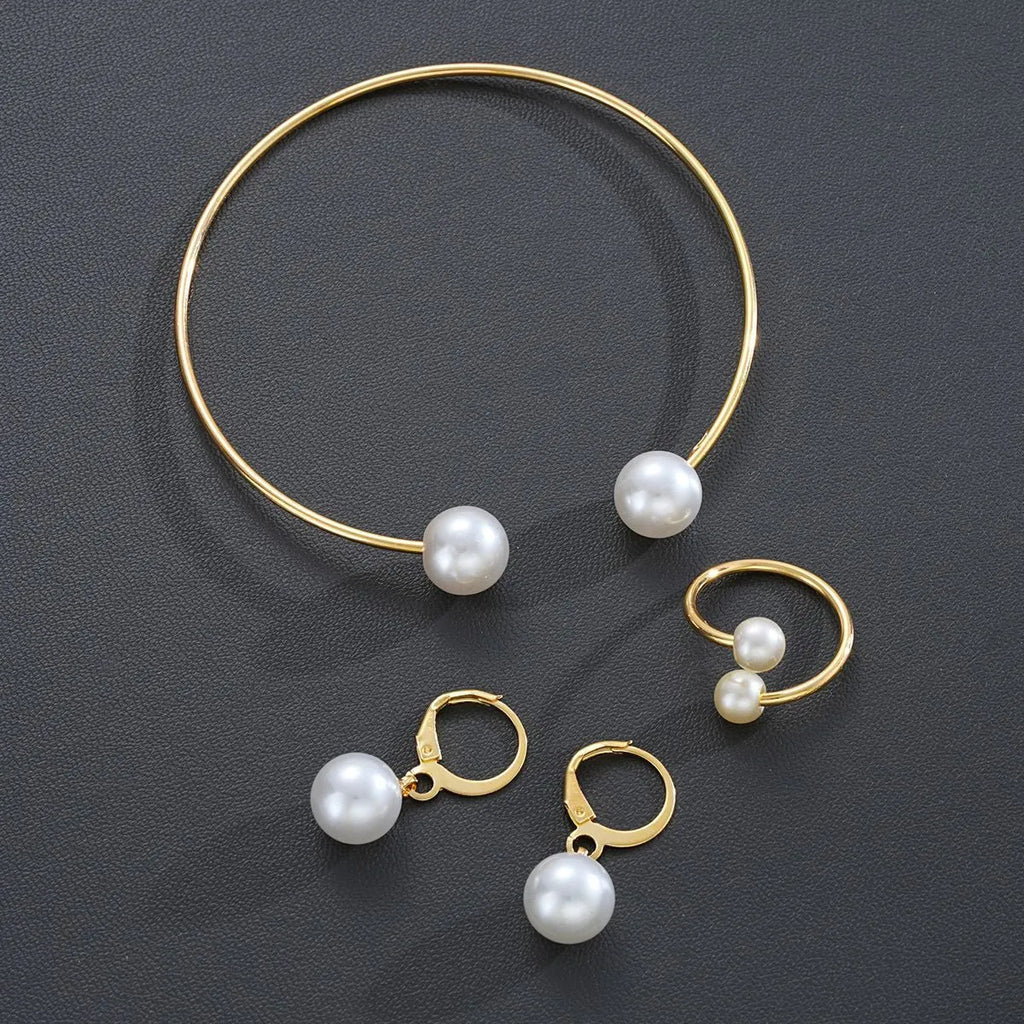 New pearl open earrings bracelet ring jewellery set for women in alloy with imitation pearl accents